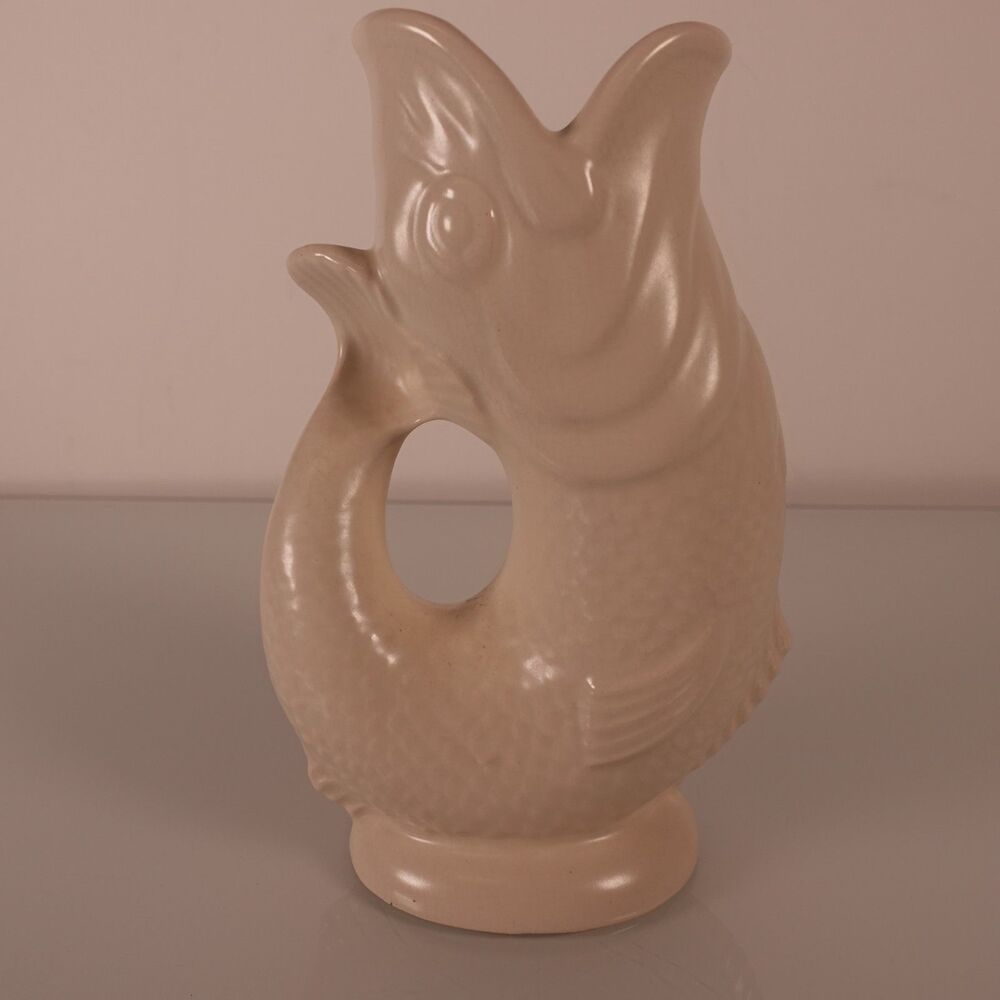 Vintage Dartmouth Devon England White Gurgling Glug Fish Pitcher Vase 7” Tall